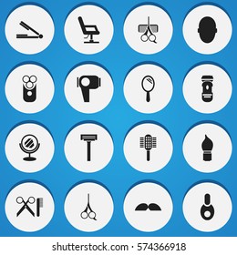 Set Of 16 Editable Tonsorial Artist Icons. Includes Symbols Such As Elbow Chair, Reflector, Vial And More. Can Be Used For Web, Mobile, UI And Infographic Design.