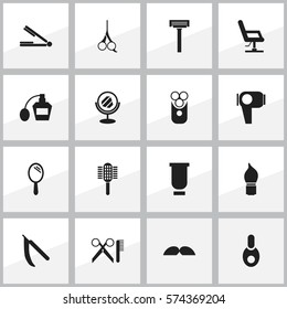 Set Of 16 Editable Tonsorial Artist Icons. Includes Symbols Such As Cutter Apparatus, Charger, Barber Tools And More. Can Be Used For Web, Mobile, UI And Infographic Design.