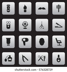 Set Of 16 Editable Tonsorial Artist Icons. Includes Symbols Such As Take The Hair Dryer, Scent, Brains And More. Can Be Used For Web, Mobile, UI And Infographic Design.