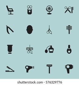 Set Of 16 Editable Tonsorial Artist Icons. Includes Symbols Such As Vial, Desiccator, Barber Tools And More. Can Be Used For Web, Mobile, UI And Infographic Design.