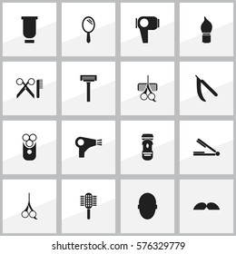 Set Of 16 Editable Tonsorial Artist Icons. Includes Symbols Such As Desiccator, Barber Tools, Reflector And More. Can Be Used For Web, Mobile, UI And Infographic Design.