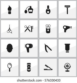 Set Of 16 Editable Tonsorial Artist Icons. Includes Symbols Such As Hair Drier, Cut Tool, Vial And More. Can Be Used For Web, Mobile, UI And Infographic Design.