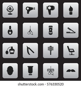 Set Of 16 Editable Tonsorial Artist Icons. Includes Symbols Such As Shaving, Whiskers, Container And More. Can Be Used For Web, Mobile, UI And Infographic Design.