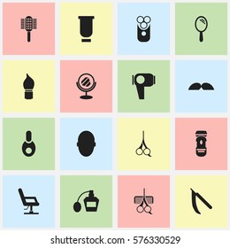 Set Of 16 Editable Tonsorial Artist Icons. Includes Symbols Such As Reflector, Cut Tool, Hairdresser Set And More. Can Be Used For Web, Mobile, UI And Infographic Design.