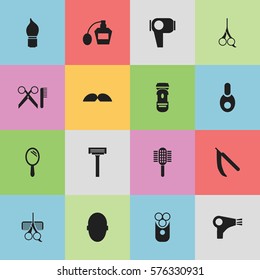 Set Of 16 Editable Tonsorial Artist Icons. Includes Symbols Such As Shaving, Barber Tools, Shaver And More. Can Be Used For Web, Mobile, UI And Infographic Design.