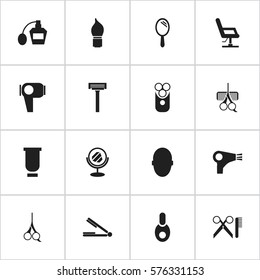 Set Of 16 Editable Tonsorial Artist Icons. Includes Symbols Such As Hairdresser Set, Scrub, Peeper And More. Can Be Used For Web, Mobile, UI And Infographic Design.