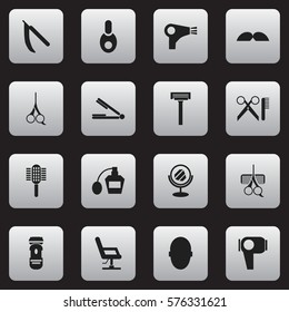 Set Of 16 Editable Tonsorial Artist Icons. Includes Symbols Such As Take The Hair Dryer, Brains, Shaving And More. Can Be Used For Web, Mobile, UI And Infographic Design.