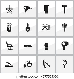 Set Of 16 Editable Tonsorial Artist Icons. Includes Symbols Such As Take The Hair Dryer, Desiccator, Blade And More. Can Be Used For Web, Mobile, UI And Infographic Design.