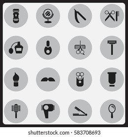 Set Of 16 Editable Tonsorial Artist Icons. Includes Symbols Such As Shaver, Hair Drier, Cutter Apparatus And More. Can Be Used For Web, Mobile, UI And Infographic Design.