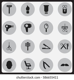 Set Of 16 Editable Tonsorial Artist Icons. Includes Symbols Such As Take The Hair Dryer, Whiskers, Elbow Chair And More. Can Be Used For Web, Mobile, UI And Infographic Design.