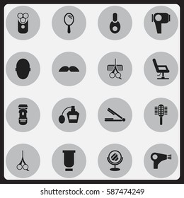 Set Of 16 Editable Tonsorial Artist Icons. Includes Symbols Such As Shaving, Reflector, Container And More. Can Be Used For Web, Mobile, UI And Infographic Design.