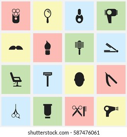 Set Of 16 Editable Tonsorial Artist Icons. Includes Symbols Such As Container, Whiskers, Brains And More. Can Be Used For Web, Mobile, UI And Infographic Design.