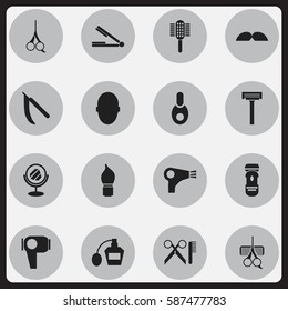 Set Of 16 Editable Tonsorial Artist Icons. Includes Symbols Such As Charger, Shaving, Barber Tools And More. Can Be Used For Web, Mobile, UI And Infographic Design.