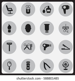 Set Of 16 Editable Tonsorial Artist Icons. Includes Symbols Such As Container, Shaving, Shaver And More. Can Be Used For Web, Mobile, UI And Infographic Design.