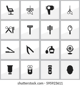 Set Of 16 Editable Tonsorial Artist Icons. Includes Symbols Such As Brains, Cut Tool, Scent And More. Can Be Used For Web, Mobile, UI And Infographic Design.