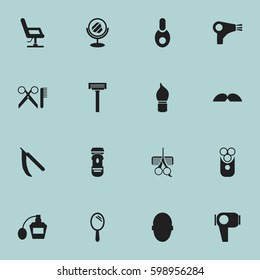 Set Of 16 Editable Tonsorial Artist Icons. Includes Symbols Such As Elbow Chair, Hair Drier, Hairdresser Set And More. Can Be Used For Web, Mobile, UI And Infographic Design.