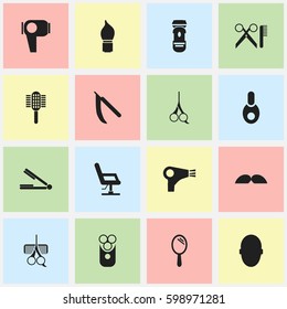 Set Of 16 Editable Tonsorial Artist Icons. Includes Symbols Such As Hair Drier, Hairdresser Set, Shaving And More. Can Be Used For Web, Mobile, UI And Infographic Design.