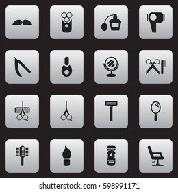 Set Of 16 Editable Tonsorial Artist Icons. Includes Symbols Such As Shaving, Whiskers, Peeper And More. Can Be Used For Web, Mobile, UI And Infographic Design.