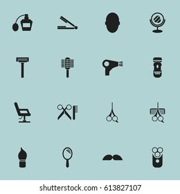 Set Of 16 Editable Tonsorial Artist Icons. Includes Symbols Such As Desiccator, Brains, Charger And More. Can Be Used For Web, Mobile, UI And Infographic Design.