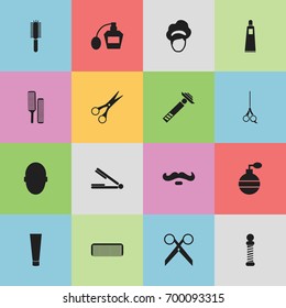 Set Of 16 Editable Tonsorial Artist Icons. Includes Symbols Such As Barber, Odor, Scent And More. Can Be Used For Web, Mobile, UI And Infographic Design.