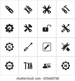 Set Of 16 Editable Tool Icons. Includes Symbols Such As Instrument, Pliers Hammer, Support Center And More. Can Be Used For Web, Mobile, UI And Infographic Design.