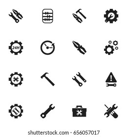 Set Of 16 Editable Tool Icons. Includes Symbols Such As Handle Hit, Cogwheels, Pliers Hammer. Can Be Used For Web, Mobile, UI And Infographic Design.