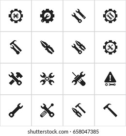 Set Of 16 Editable Tool Icons. Includes Symbols Such As Build Equipment, Handle Hit, Caution. Can Be Used For Web, Mobile, UI And Infographic Design.