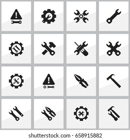 Set Of 16 Editable Tool Icons. Includes Symbols Such As Caution, Technical Support, Options And More. Can Be Used For Web, Mobile, UI And Infographic Design.