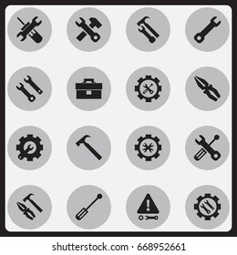 Set Of 16 Editable Tool Icons. Includes Symbols Such As Handle Hit, Wrench, Portfolio. Can Be Used For Web, Mobile, UI And Infographic Design.