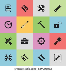 Set Of 16 Editable Tool Icons. Includes Symbols Such As Handle Hit, Technical Support, Opened Padlock. Can Be Used For Web, Mobile, UI And Infographic Design.