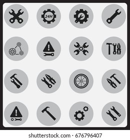 Set Of 16 Editable Tool Icons. Includes Symbols Such As Wrench Repair, Instrument, Wrench And More. Can Be Used For Web, Mobile, UI And Infographic Design.