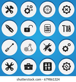 Set Of 16 Editable Tool Icons. Includes Symbols Such As Settings, Spanner, Fix Tool And More. Can Be Used For Web, Mobile, UI And Infographic Design.