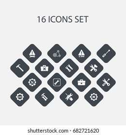 Set Of 16 Editable Tool Icons. Includes Symbols Such As Cambelt, Build Equipment, Reconstruction And More. Can Be Used For Web, Mobile, UI And Infographic Design.
