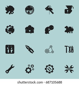 Set Of 16 Editable Tool Icons. Includes Symbols Such As Settings, Cogwheels, Settings And More. Can Be Used For Web, Mobile, UI And Infographic Design.