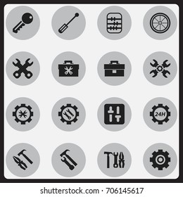 Set Of 16 Editable Tool Icons. Includes Symbols Such As Settings, Gear, Arithmetic And More. Can Be Used For Web, Mobile, UI And Infographic Design.