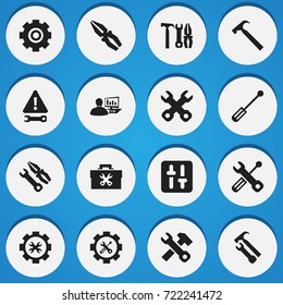 Set Of 16 Editable Tool Icons. Includes Symbols Such As Fixing Equipment, Wrench Hammer, Screwdriver Wrench And More. Can Be Used For Web, Mobile, UI And Infographic Design.