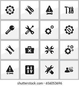 Set Of 16 Editable Toolkit Icons. Includes Symbols Such As Caution, Access, Technical Support And More. Can Be Used For Web, Mobile, UI And Infographic Design.