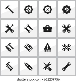 Set Of 16 Editable Toolkit Icons. Includes Symbols Such As Build Equipment, Handle Hit, Wrench Repair. Can Be Used For Web, Mobile, UI And Infographic Design.