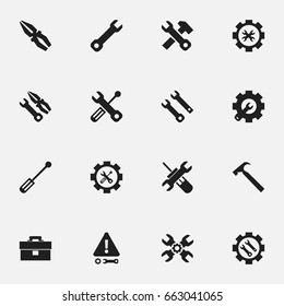 Set Of 16 Editable Toolkit Icons. Includes Symbols Such As Fix Tool, Screwdriver, Build Equipment And More. Can Be Used For Web, Mobile, UI And Infographic Design.