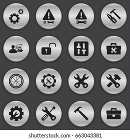 Set Of 16 Editable Toolkit Icons. Includes Symbols Such As Fixing Equipment, Handle Hit, Spanner. Can Be Used For Web, Mobile, UI And Infographic Design.
