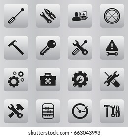 Set Of 16 Editable Toolkit Icons. Includes Symbols Such As Fixing Equipment, Settings, Maintenance And More. Can Be Used For Web, Mobile, UI And Infographic Design.