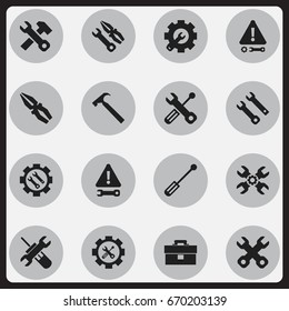 Set Of 16 Editable Toolkit Icons. Includes Symbols Such As Instrument, Screwdriver Wrench, Build Equipment And More. Can Be Used For Web, Mobile, UI And Infographic Design.