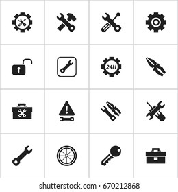 Set Of 16 Editable Toolkit Icons. Includes Symbols Such As Gear, Instrument, Tyre And More. Can Be Used For Web, Mobile, UI And Infographic Design.