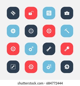 Set Of 16 Editable Toolkit Icons. Includes Symbols Such As Wrench Repair, Handle Hit, Equalizer. Can Be Used For Web, Mobile, UI And Infographic Design.