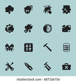 Set Of 16 Editable Toolkit Icons. Includes Symbols Such As Tyre, Wrench, Fix Tool And More. Can Be Used For Web, Mobile, UI And Infographic Design.