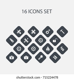 Set Of 16 Editable Toolkit Icons. Includes Symbols Such As Fixing Equipment, Fix Tool, Caution And More. Can Be Used For Web, Mobile, UI And Infographic Design.