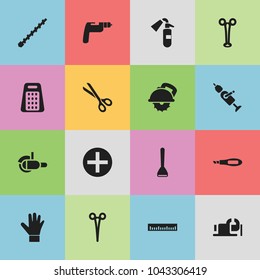 Set of 16 editable tools icons. Includes symbols such as grinder, ruler, glove and more. Can be used for web, mobile, UI and infographic design.