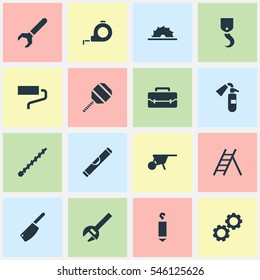 Set Of 16 Editable Tools Icons. Includes Symbols Such As Cogwheel, Staircase, Handcart. Can Be Used For Web, Mobile, UI And Infographic Design.