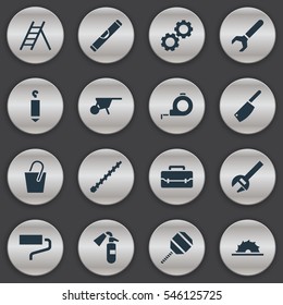 Set Of 16 Editable Tools Icons. Includes Symbols Such As Elevation, Sawblade, Key And More. Can Be Used For Web, Mobile, UI And Infographic Design.
