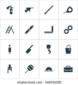 Set Of 16 Editable Tools Icons. Includes Symbols Such As Bore, Cogwheel, Handle. Can Be Used For Web, Mobile, UI And Infographic Design.